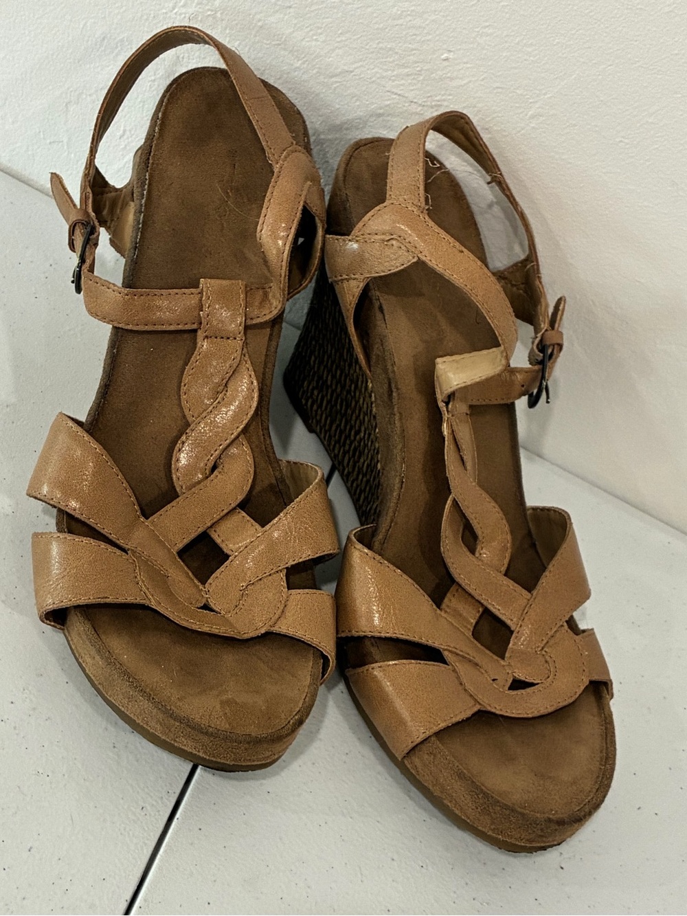 Aerosoles Tan Woven Wedge Sandals Size 9.5 | Diamond Flex Comfort Strappy Heel